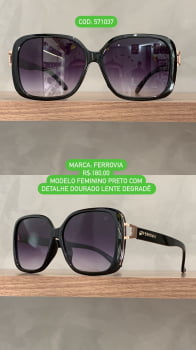 Óculos de Sol Ferrovia Feminino Preto Esmaltado Quadrado com Detalhes Rose Lente Degrade Acetato 571037