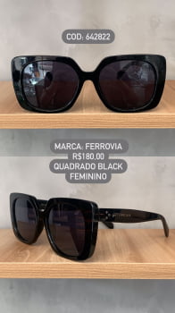 Óculos de Sol Ferrovia Feminino Preto Esmaltado Quadrado Lente Preta Acetato 642822