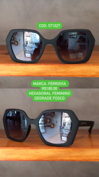 Óculos de Sol Ferrovia Feminino Preto Fosco Hexagonal Acetato Lente Degrade 571027