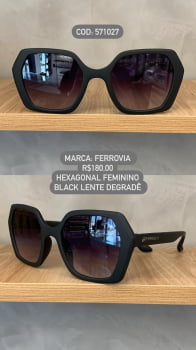 Óculos de Sol Ferrovia Feminino Preto Fosco Hexagonal Acetato Lente Degrade 571027