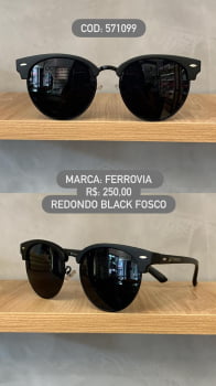 Óculos de Sol Ferrovia Preto Fosco Redondo Lente Preta Acetato e Metal 571099