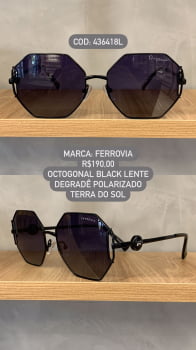 Óculos de Sol Ferrovia Feminino Preto Octogonal com Lente Degrade Terra do Sol Polarizado em Metal 436418L