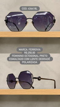 Óculos de Sol Ferrovia Feminino Preto Octogonal com Lente Degrade Terra do Sol Polarizado em Metal 436418L