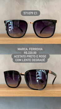 Óculos de Sol Ferrovia Feminino Preto com Rose Quadrado Lente Degrade em Acetato 571079 C1