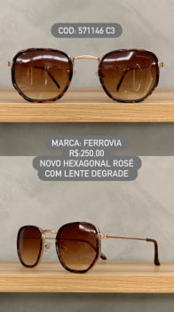 Óculos de Sol Ferrovia Feminino Rose Rajado Novo Hexagonal com Lente Marrom Degrade em Metal 571146 C3
