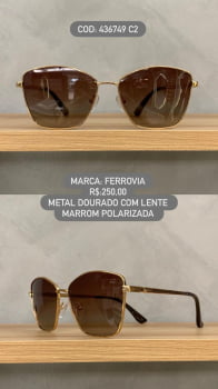 Óculos de Sol Ferrovia Feminino Style Dourado com Lente Degrade Marrom Polarizada em Metal 436749 C2