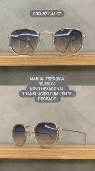 Óculos de Sol Ferrovia Feminino Translucido Novo Hexagonal com Lente Degrade em Metal 571146 C7
