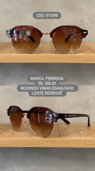 Óculos de Sol Ferrovia Feminino Vinho Esmaltado Redondo Lente Degradê Acetato e Metal 571098