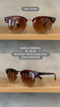 Óculos de Sol Ferrovia Feminino Vinho Esmaltado Redondo Lente Degradê Acetato e Metal 571099