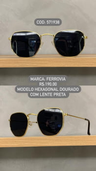 Óculos de Sol Ferrovia Dourado Hexagonal com Lente Preta Metal 571938