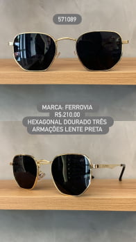 Óculos de Sol Ferrovia Hexagonal Dourado Três Armações com Lente Preta em Metal 571089 Óculos de Sol Ferrovia Hexagonal Dourado Três Armações com Lente Preta em Metal 571089