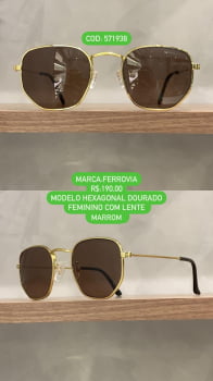 Óculos de Sol Ferrovia Feminino Hexagonal Dourado Com Lente Marrom 571938