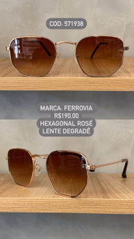 Óculos de Sol Ferrovia Feminino Rose Hexagonal com Lente Marrom Degrade em Metal 571938