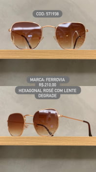 Óculos de Sol Ferrovia Feminino Rose Hexagonal com Lente Marrom Degrade em Metal 571938