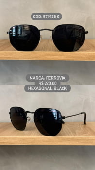 Óculos de Sol Ferrovia Unissex Preto Esmaltado Hexagonal com Lente Preta  Grande em Metal 571938