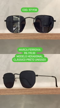 Óculos de Sol Ferrovia Unissex Preto Esmaltado Hexagonal Lente Preta Metal 571938