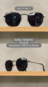 Óculos de Sol Ferrovia Unissex Preto Esmaltado Hexagonal Pequeno Lente Preta Metal 571938