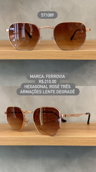 Óculos de Sol Ferrovia Feminino Hexagonal Rosé Três Armações com Lente Degrade em Metal 571089