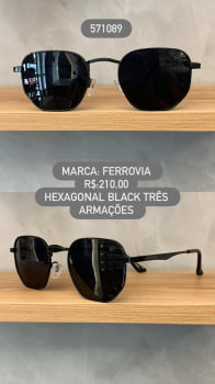 Óculos de Sol Ferrovia Hexagonal Três Armações Preto com Lente Polarizada Metal 571089