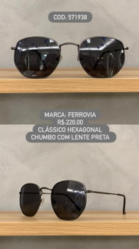 Óculos de Sol Ferrovia Hexagonal Unissex Chumbo com lente Preta Polarizada Metal 571938 6202