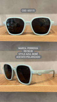 Óculos de Sol Ferrovia Infantil Feminino Azul Bebê Quadrado Lente Preta Acetato Flexível Polarizado 453115