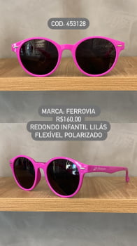 Óculos de Sol Ferrovia Infantil Feminino Lilás Redondo Lente Preta  Acetato Flexível Polarizado 453128