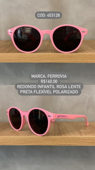 Óculos de Sol Ferrovia Infantil Feminino Rosa Redondo Lente Preta Acetato Flexível Polarizado 453128