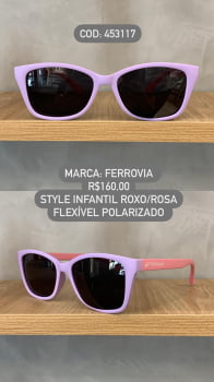 Óculos de Sol Ferrovia Infantil Feminino Roxo e Rosa Style Lente Preta Acetato Flexível Polarizado 453117