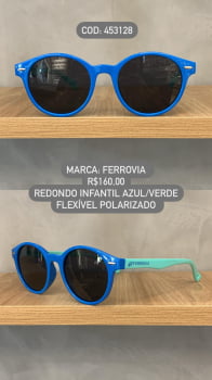 Óculos de Sol Ferrovia Infantil Masculino Azul e Verde Redondo Lente Preta Acetato Flexível Polarizado 453128