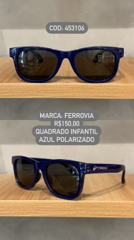 Óculos de Sol  Ferrovia Infantil Masculino Azul Esmaltado Quadrado Lente Preta Acetato Polarizado 453106 