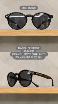 Óculos de Sol Ferrovia Infantil Preto Esmaltado Redondo Lente Preta Polarizada em  Acetato Flexível 453120