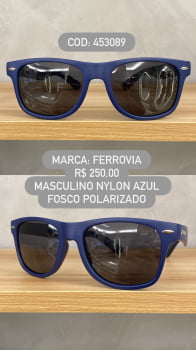 Óculos de Sol Ferrovia Masculino Azul Fosco Quadrado com Lente Preta Acetato Flexível Polarizada 453089 Óculos de Sol Ferrovia Masculino Azul Fosco Quadrado com Lente Preta Acetato Flexível Polarizada 453089