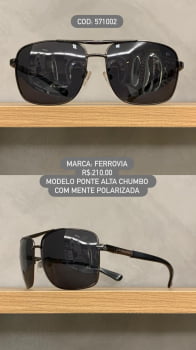 Óculos de Sol Ferrovia Masculino Aviador Chumbo com Lente Preta Ponte Alta Polarizado em Metal 571002 Óculos de Sol Ferrovia Masculino Aviador Chumbo com Lente Preta Ponte Alta Polarizado em Metal 571002