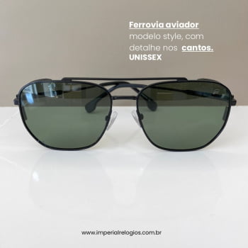 Óculos de Sol Ferrovia Masculino Aviador Quadrado Preto com Lente Verde Ponte Alta Terra do Sol Polarizado em Metal 283486