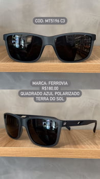 Óculos de Sol Ferrovia Masculino Azul Fosco Quadrado com Lente Preta Terra do Sol Polarizado em Acetato MT5196 C3