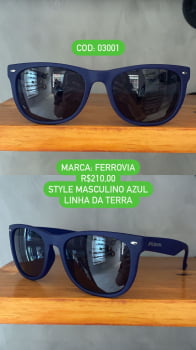 Óculos de Sol Ferrovia Masculino Azul Fosco Style Quadrado  Lente Preta Acetato Linha da Terra Feito a Mão 03001_