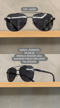 Óculos de Sol Ferrovia Masculino Azul Marinho Fosco Aviador com Lente Preta Polarizado em Metal 436525