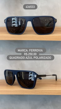 Óculos de Sol Ferrovia Masculino Azul Quadrado Lente Preta Polarizada em Acetato e Metal 436533