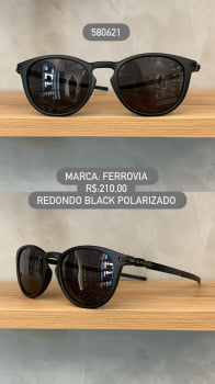 Óculos de Sol Ferrovia Masculino Black Redondo com Lente Preta polarizado em Acetato 580621
