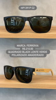 Óculos de Sol Ferrovia Masculino Preto Quadrado Lente Verde Polarizado Perna Amadeirada HP1391P C2