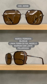 Óculos de Sol Ferrovia Masculino Cacau Quadrado Ponte Alta Lente Marrom Polarizada em Metal 283508 Óculos de Sol Ferrovia Masculino Cacau Quadrado Ponte Alta Lente Marrom Polarizada em Metal 283508