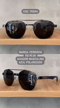 Óculos de Sol Ferrovia Masculino Chumbo com Detalhe Azul Aviador Quadrado Ponte Alta Metal Polarizado 790294
