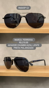Óculos de Sol Ferrovia Masculino Chumbo e Azul Aviador com Lente Preta Polarizado em Metal M6045P C2 Óculos de Sol Ferrovia Masculino Chumbo e Azul Aviador com Lente Preta Polarizado em Metal M6045P C2