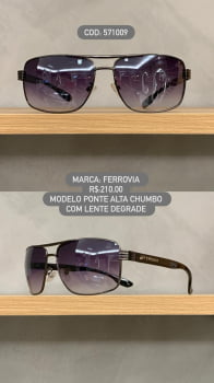 Óculos de Sol Ferrovia Masculino Chumbo Esmaltado Quadrado com Ponte Alta Lente Degrade Metal 571009 Óculos de Sol Ferrovia Masculino Chumbo Esmaltado Quadrado com Ponte Alta Lente Degrade Metal 571009