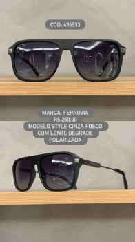 Óculos de Sol Ferrovia Masculino Cinza Fosco Quadrado Lente Preta Polarizada em Acetato e Metal 436533
