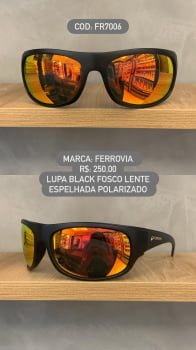 Óculos de Sol Ferrovia Masculino Lupa Esportivo Flexível Preto Fosco Lente Espelhada Polarizado em Acetato FR7006