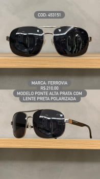 Óculos de Sol Ferrovia Masculino Prata Quadrado Ponte Alta com Lente Preta Polarizada em Metal  453151