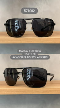 Óculos de Sol Ferrovia Masculino Preto Aviador com Lente Preta e Ponte Alta Polarizado em Metal 571002
