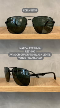 Óculos de Sol Ferrovia Masculino Preto Aviador Quadrado com Lente Verde e Ponte Alta Polarizado em Metal 453153