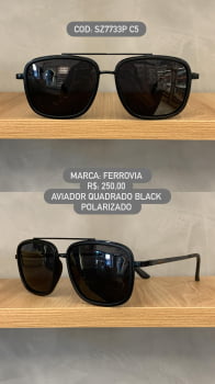 Óculos de Sol Ferrovia Masculino Preto Aviador Quadrado Ponte Alta com Lente Polarizada SZ7733P C5